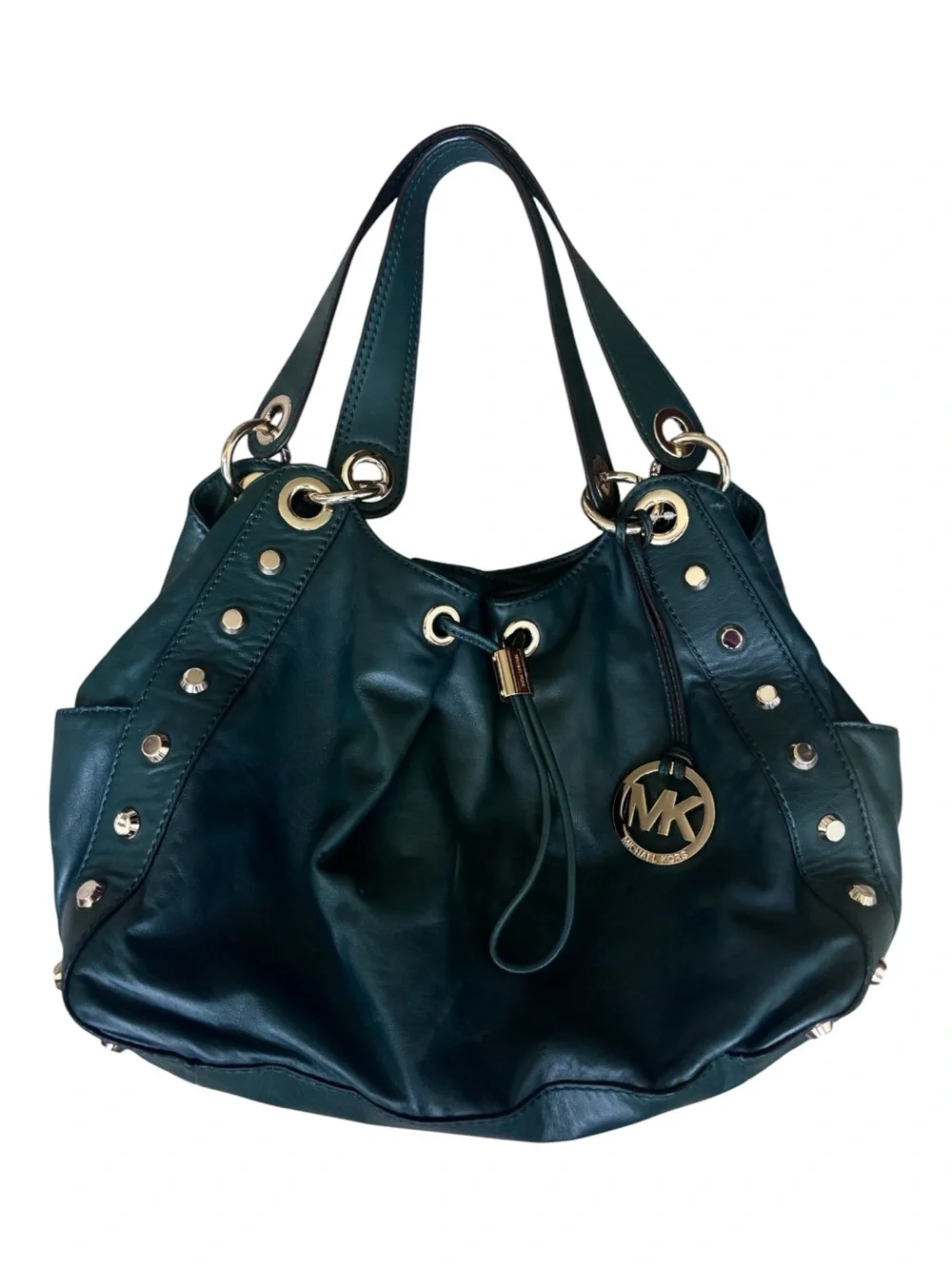 Michael Kors Ludlow Stud Green Leather Shoulder Bag w Gold Accents Like New